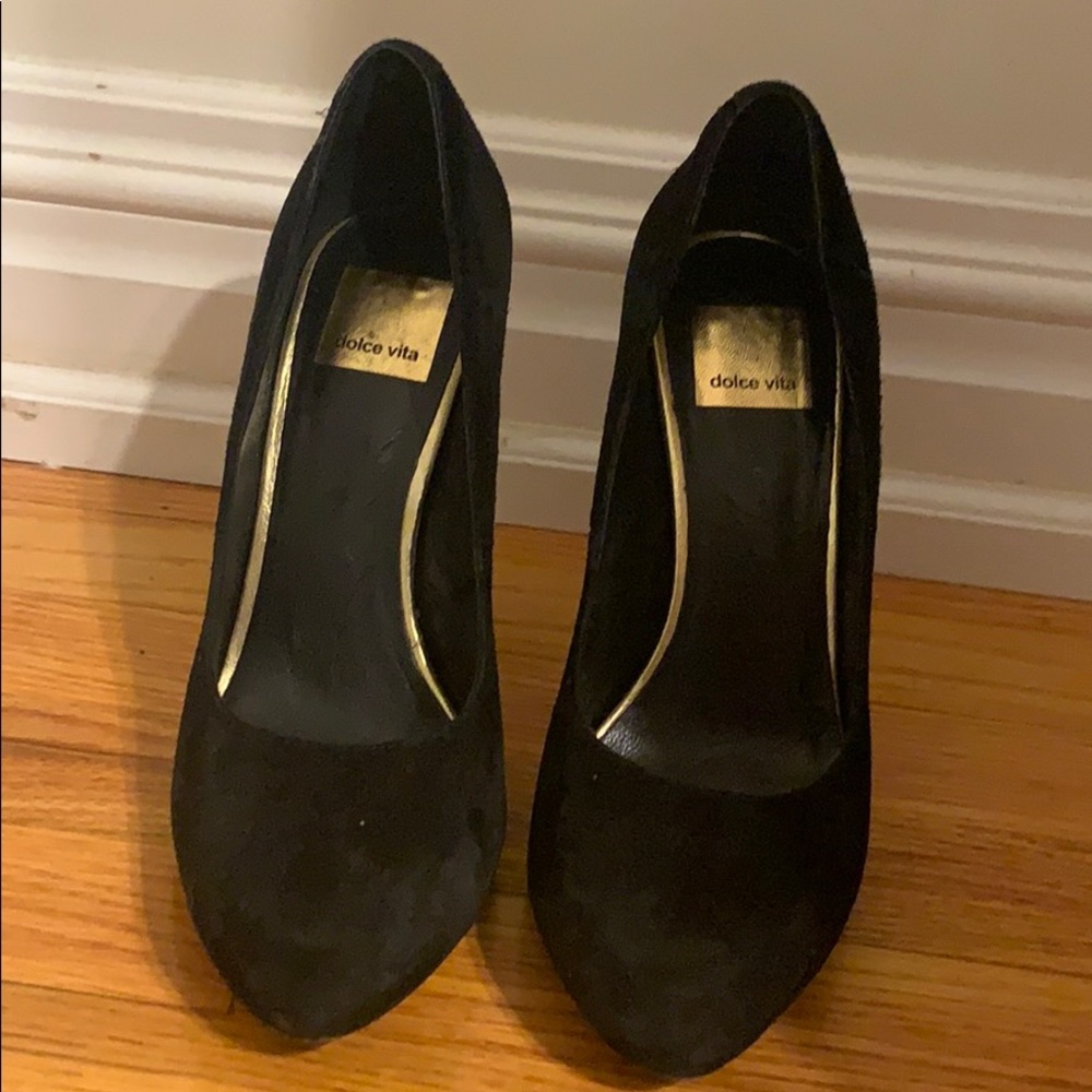 Black suede high heel pumps